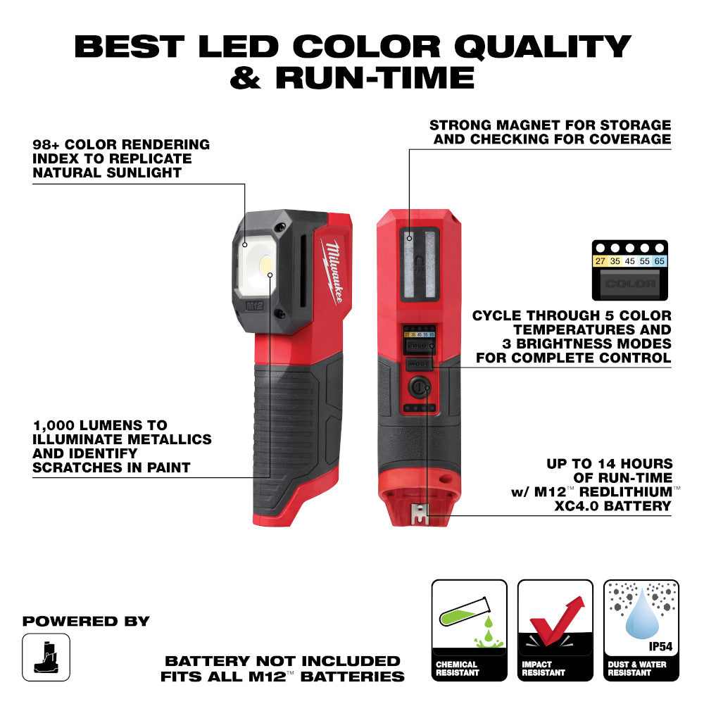 Milwaukee M12 paint and detailing light with red and black body, shown front and back views with feature callouts.