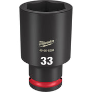 Black Milwaukee deep socket with hexagonal opening, marked "33" and model number, red grip band at base.