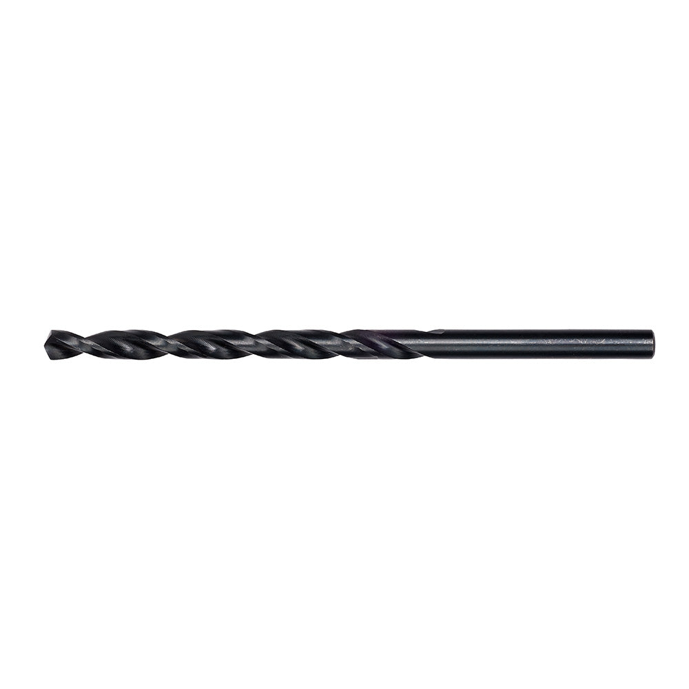 Black oxide twist drill bit with pointed tip and helical flutes.