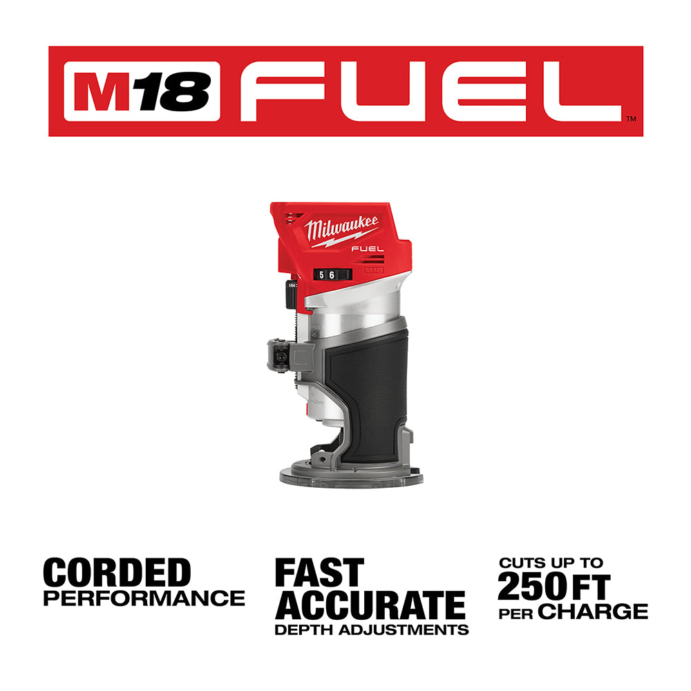 Milwaukee M18 FUEL compact router with red housing, metallic base, and black grip, shown from front angle.