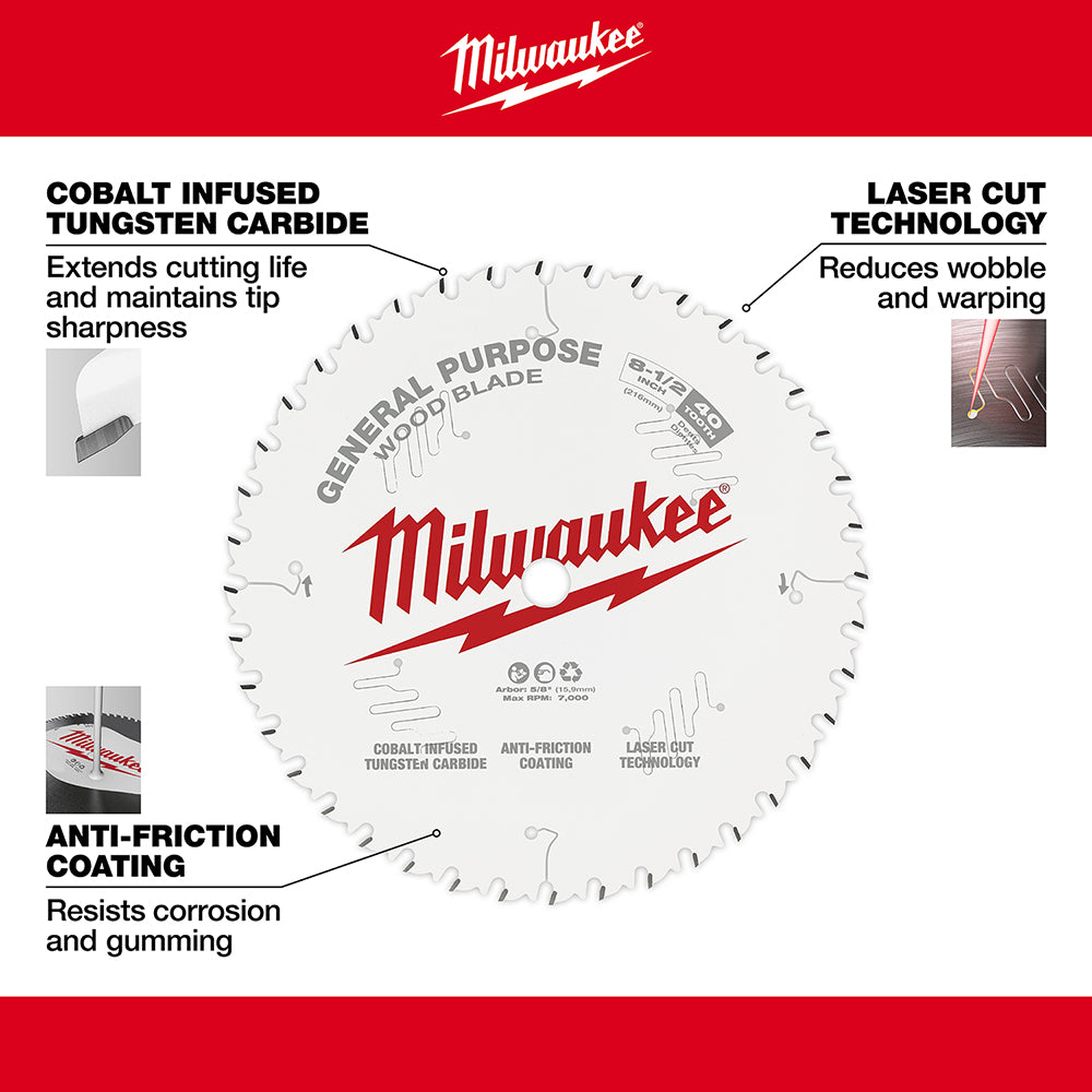 Milwaukee 8-1/2 inch circular saw blade with 40 teeth and cobalt tungsten carbide construction.