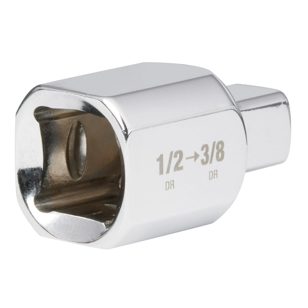 Chrome socket adapter with 1/2" female drive opening on left and 3/8" male drive outlet on right.
