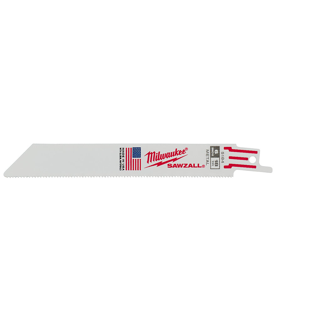 Milwaukee SAWZALL reciprocating saw blade with 18 teeth per inch and red mounting tang.