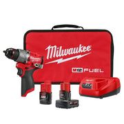 Milwaukee M12 FUEL hammer drill/driver kit with red carrying case, two batteries, and charger.