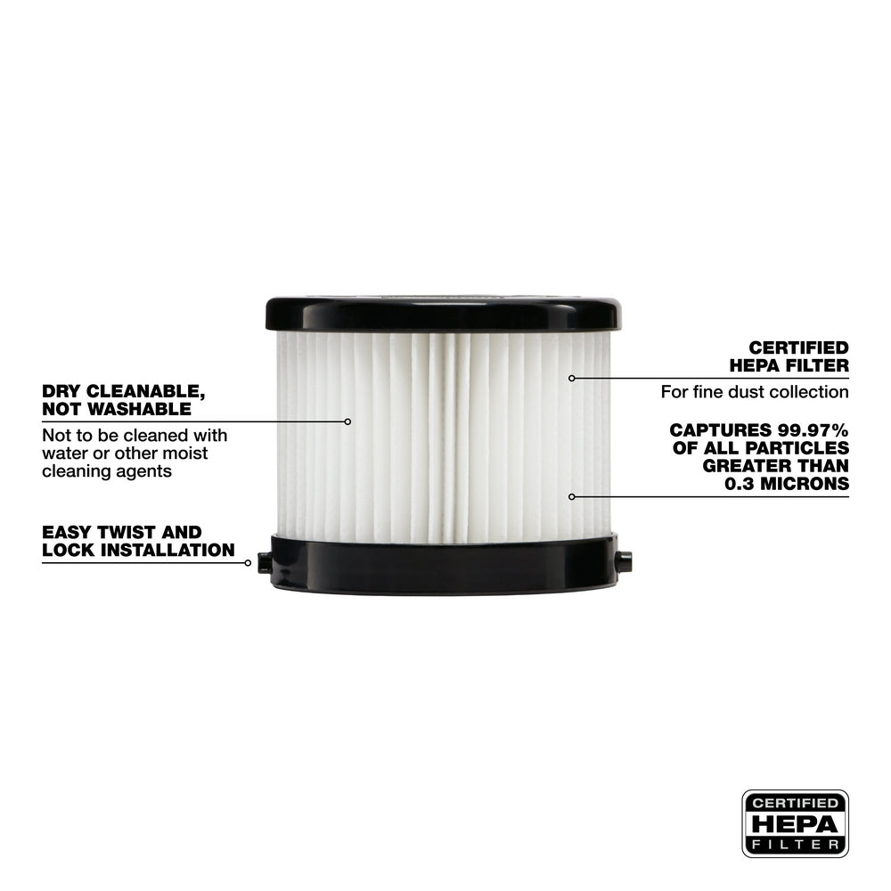 Cylindrical HEPA filter with white pleated media and black plastic top and bottom caps for M18 compact vacuum.