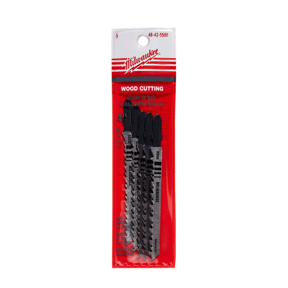 Five black Milwaukee jig saw blades with serrated cutting edges in red and white packaging labeled "Wood Cutting."