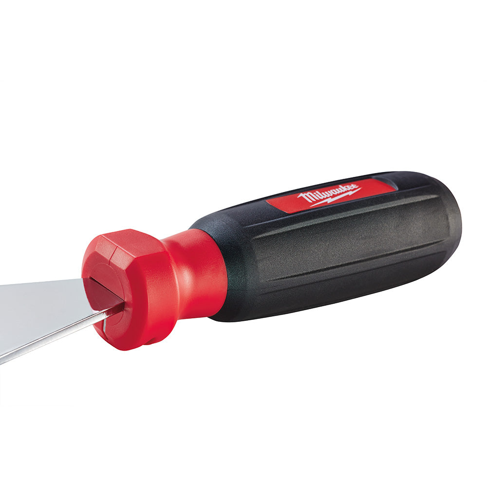 Milwaukee bottle opener with red crown-shaped head and black grip handle, lever positioned under bottle cap.