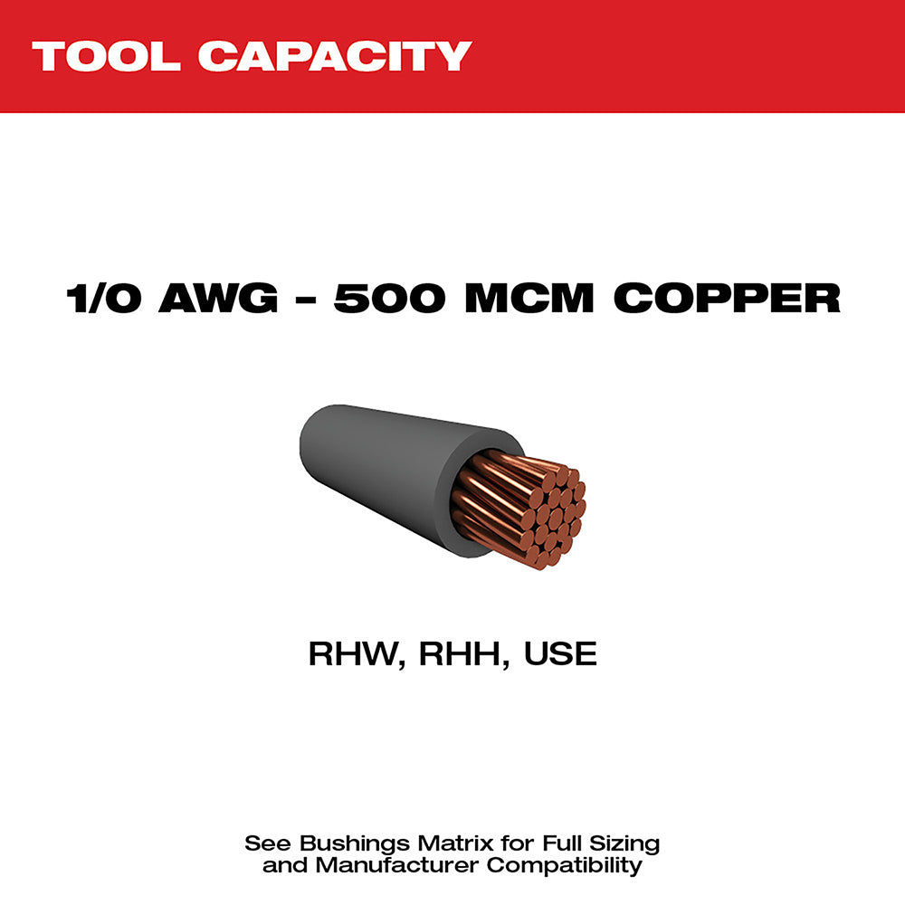 Cable stripper tool capacity specification showing 1/0 AWG to 500 MCM copper wire with black insulation and exposed copper st