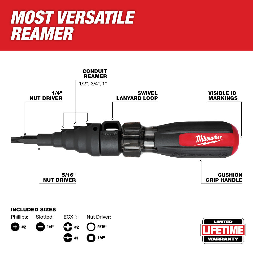 Milwaukee 7-in-1 conduit reamer with black handle, red grip, and multiple interchangeable bits for various sizes.