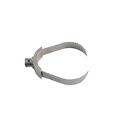 Metal root cutter with serrated cutting head and mounting attachment for 1-1/4" sectional drain cable.