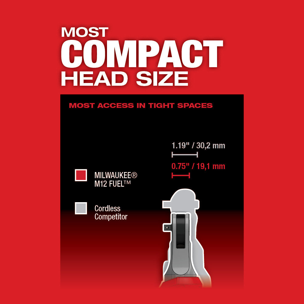 Milwaukee M12 FUEL ratchet shown from front with compact head size dimensions compared to cordless competitor model.