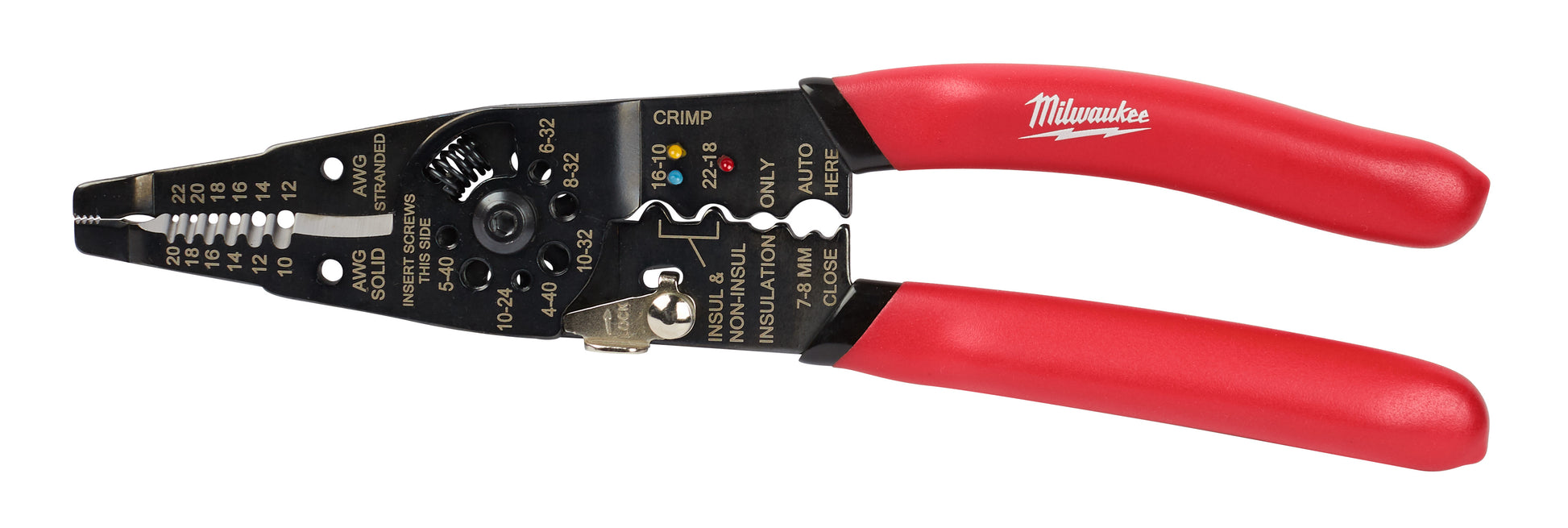Milwaukee multi-purpose pliers with red handles and black metal head featuring wire stripping and crimping functions.