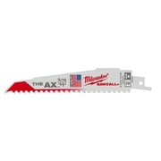 Milwaukee "The Ax" SAWZALL blade with red and white teeth, mounting hole, and product labeling on gray metal body.