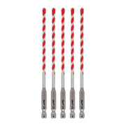 Five 3/16 inch carbide hammer drill bits with red and silver spiral flutes and gray hex shanks.