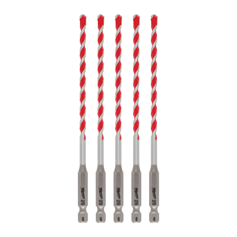 Five 3/16 inch carbide hammer drill bits with red and silver spiral flutes and gray hex shanks.