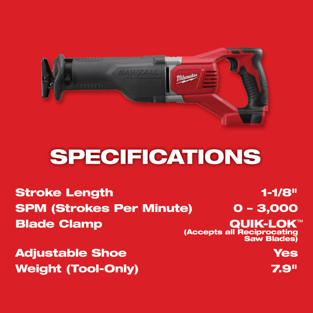 Milwaukee M18 SAWZALL reciprocating saw with red body, black grip, and front-mounted blade clamp against red background.