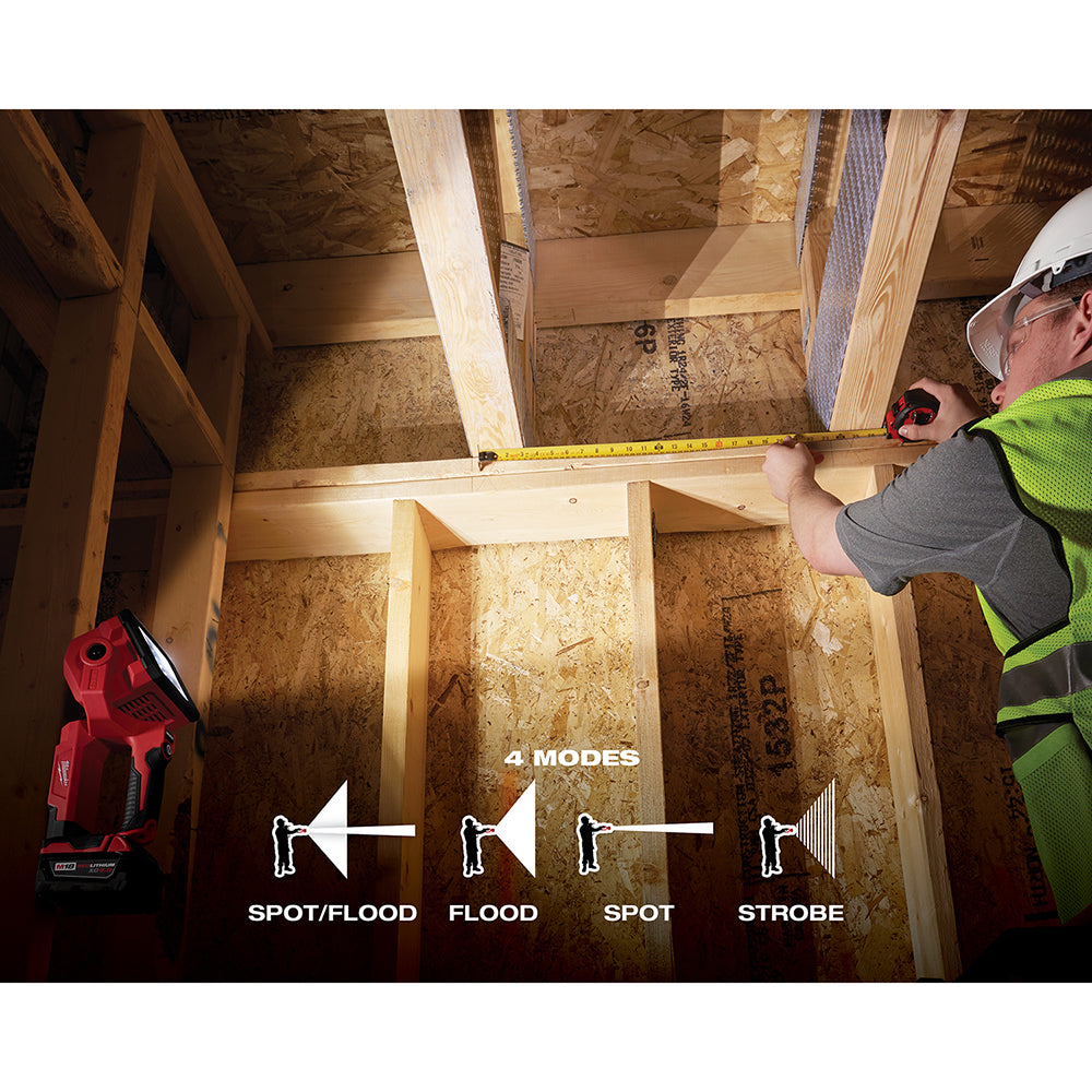 Red Milwaukee M18 search light illuminating wooden construction framing with four lighting mode icons displayed.