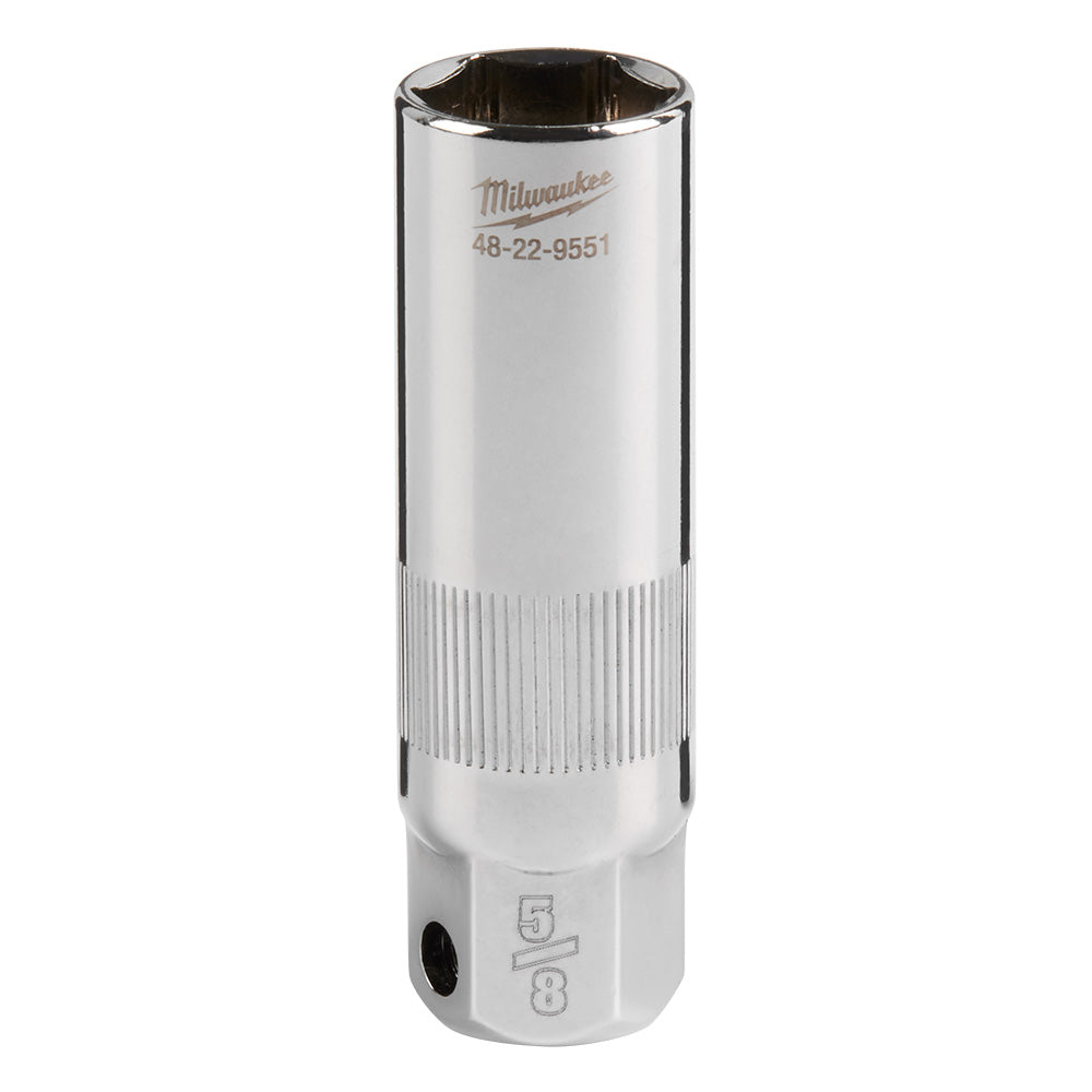Milwaukee 3/8" drive spark plug socket with 5/8" opening, chrome finish, featuring ribbed grip section and model number stamp