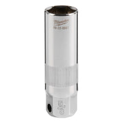 Milwaukee 3/8" drive spark plug socket with 5/8" opening, chrome finish, featuring ribbed grip section and model number stamp