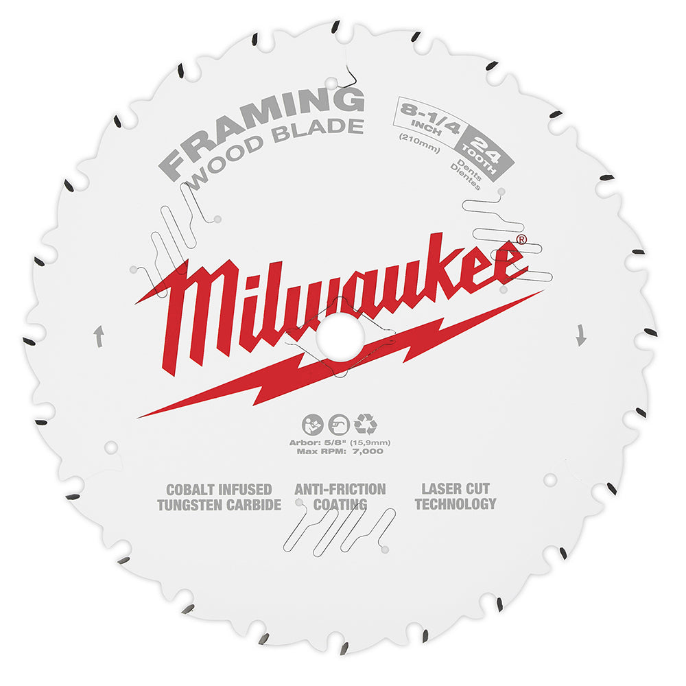 Milwaukee 8-1/4 inch circular saw blade with 24 teeth, white with red logo and black tooth tips for framing wood cutting.