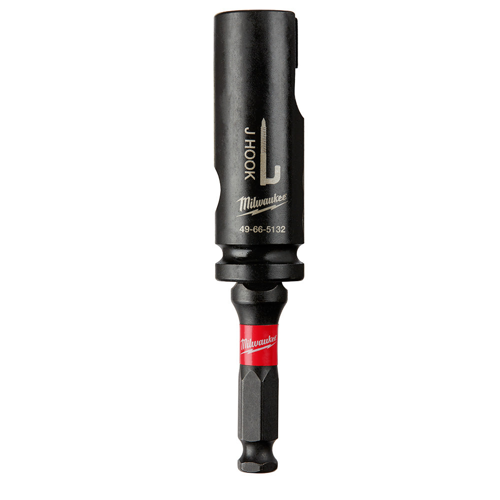 Black Milwaukee Shockwave J Hook socket with cylindrical body, J-shaped opening, and hex drive bit holder with red band.