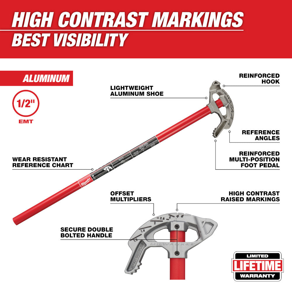 Milwaukee 1/2 inch aluminum conduit bender with red shaft, gray shoe, reinforced hook, foot pedal, and labeled reference angl