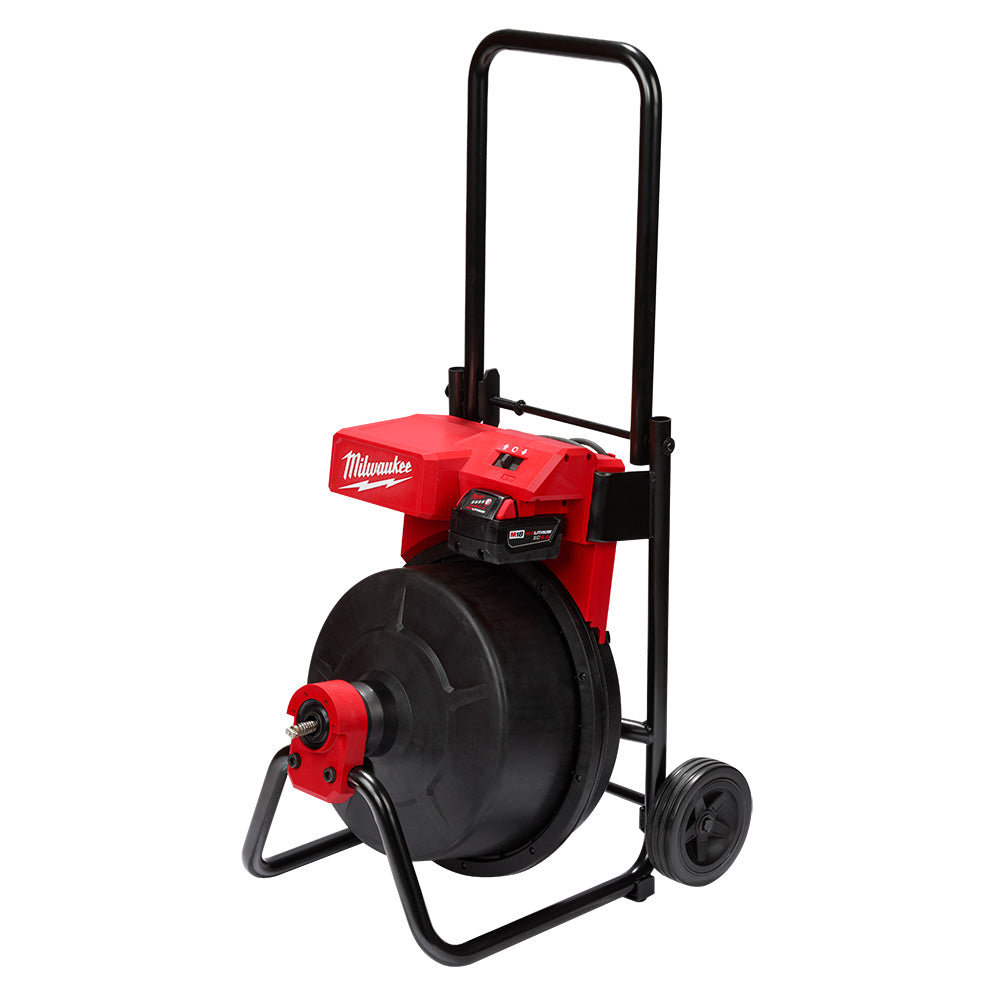 Red and black Milwaukee M18 drum machine with tall handle frame and wheels for cable clearing.