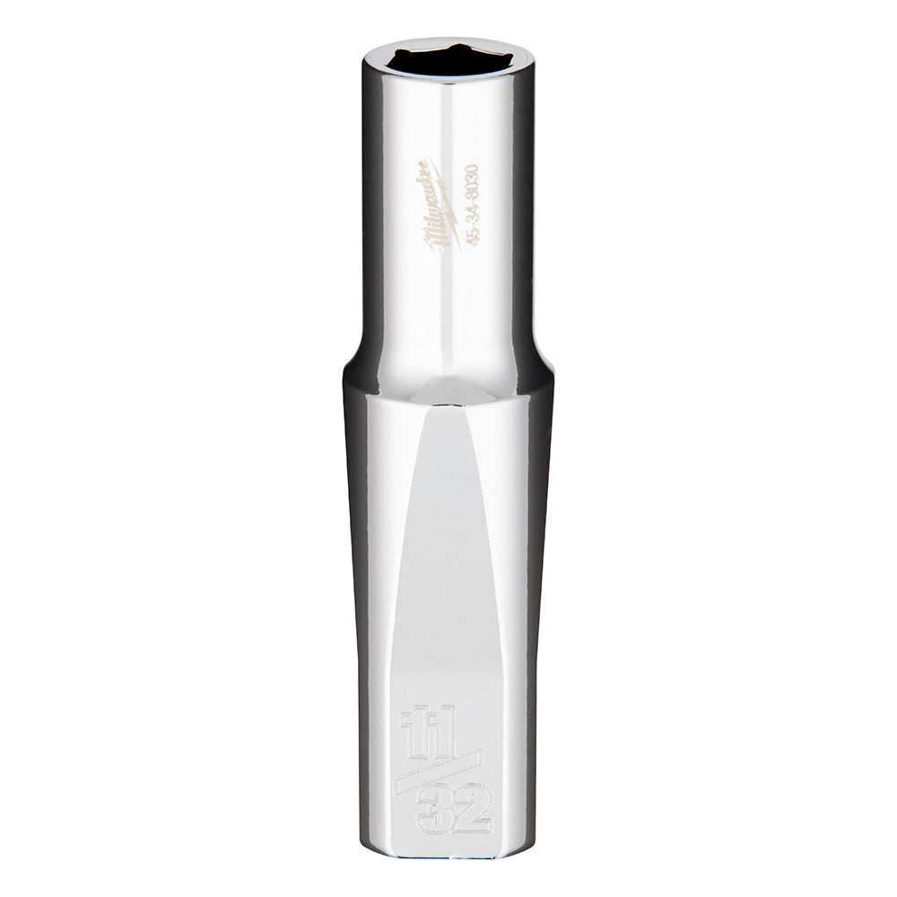 Silver and black deep socket with hexagonal opening and Milwaukee branding on cylindrical body.