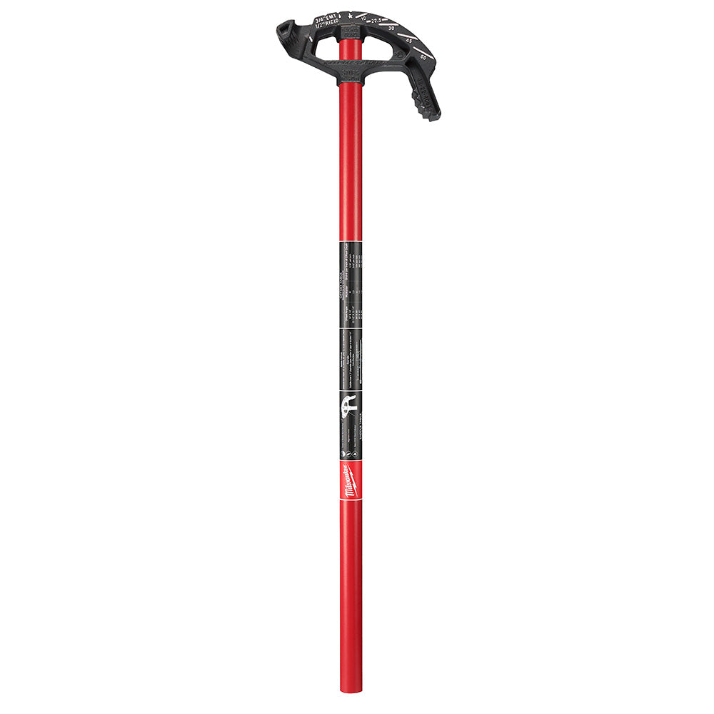 Red and black iron conduit bender with black grip handle and metal bending head.