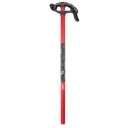 Red and black iron conduit bender with black grip handle and metal bending head.
