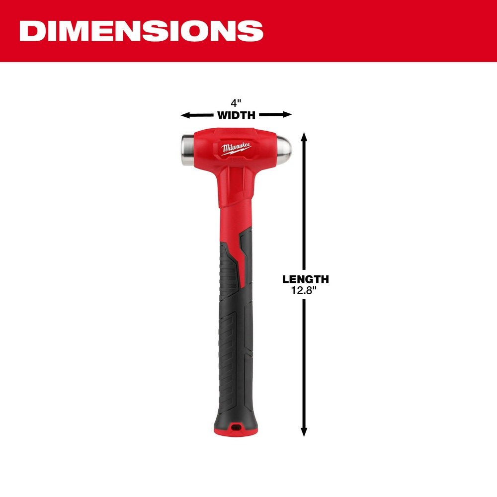 Red and black Milwaukee dead blow hammer with ball peen head, 12.8" length and 4" width.