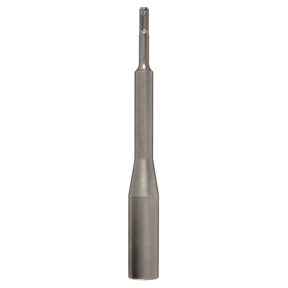 Metal SDS+ ground rod driver bit with cylindrical shaft and tapered tip.
