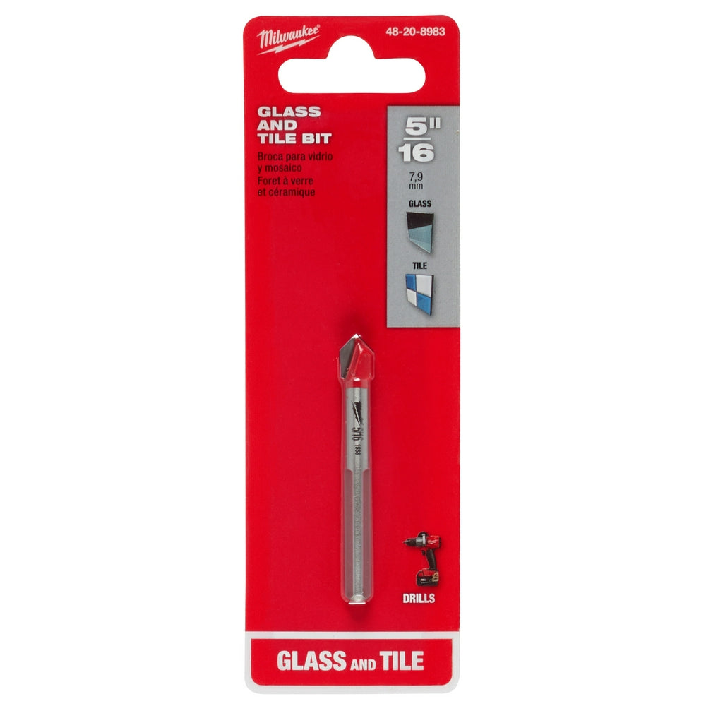 Milwaukee 5/16 inch glass and tile drill bit in clear plastic packaging with red header card.