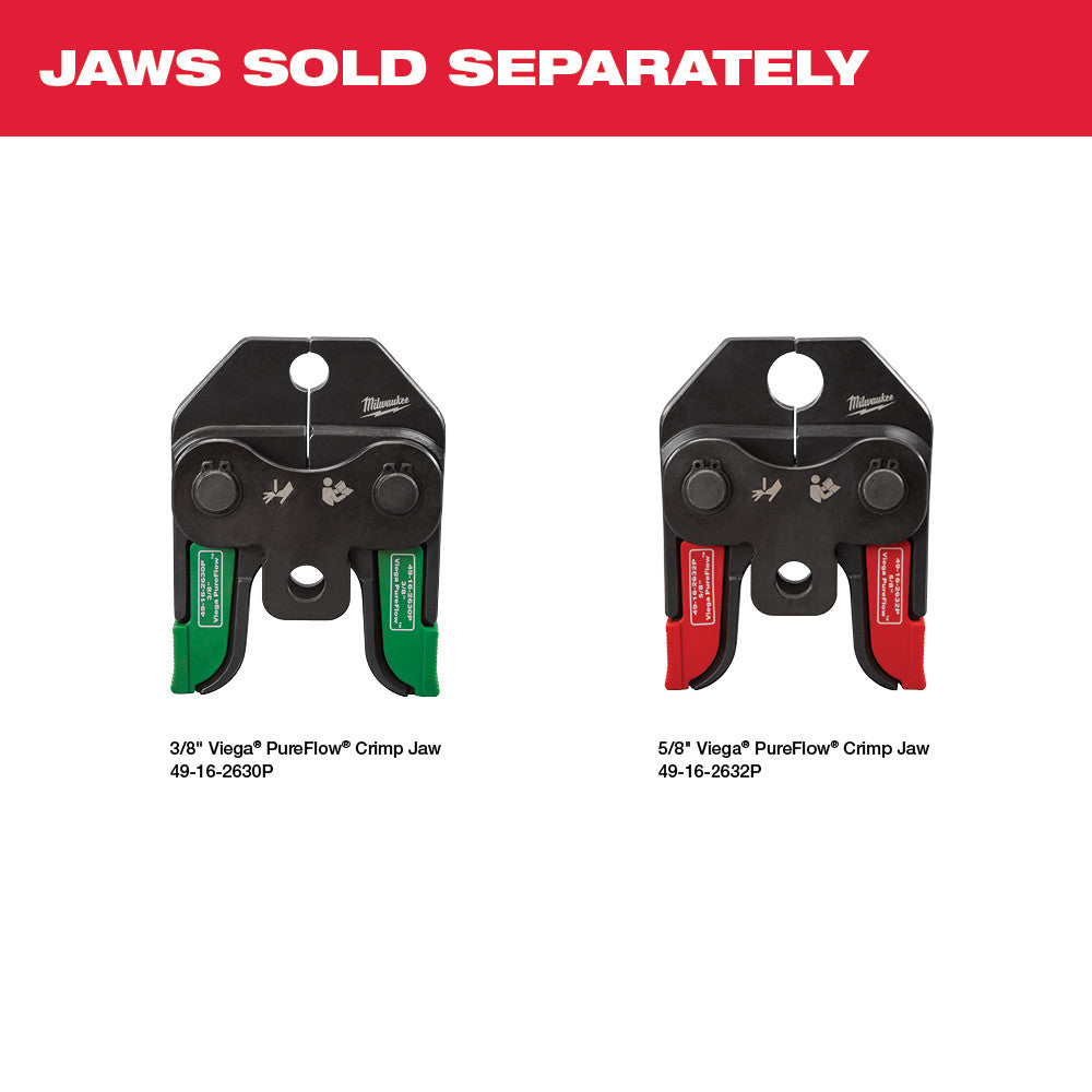 Two Milwaukee press tool jaws in green (3/8") and red (5/8") Viega PureFlow crimp sizes with black bodies and control knobs.