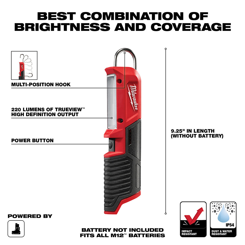 Milwaukee M12 LED stick light with red and black body, multi-position hook, power button, and vertical measurement indicator 