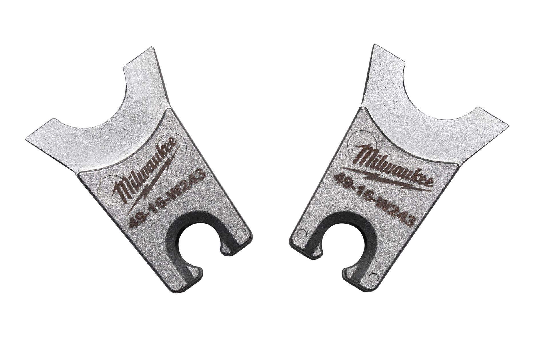 Milwaukee W-243 die with two metal prongs and circular opening, stamped with model number.