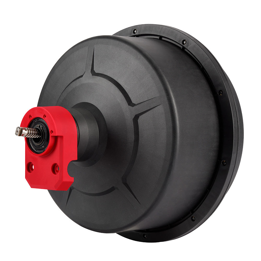 Black drum with red drive attachment and metal spindle for Milwaukee M18 drum machine.