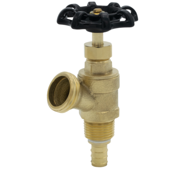 Brass boiler drain valve with black wheel handle and hose connection outlet.