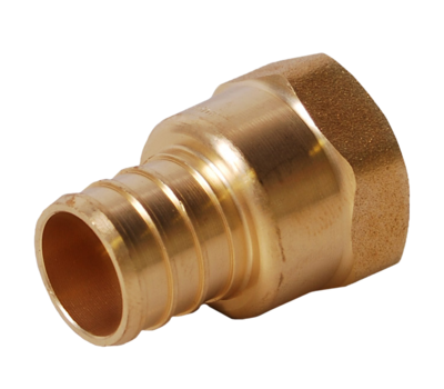 Brass PEX adapter fitting with ribbed connection on left and female NPT threaded end on right.