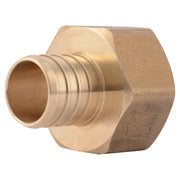 Brass female connector with crimp fitting on left side and threaded female port on right side.