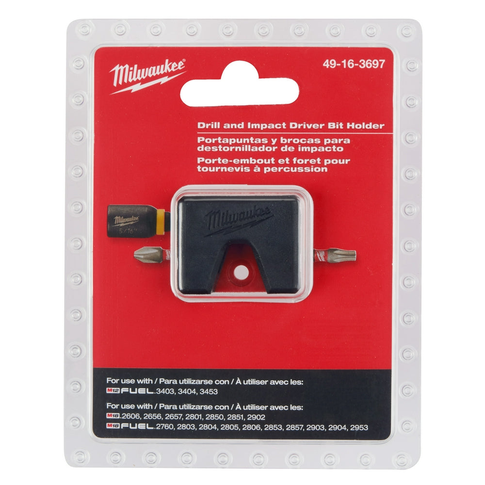 Milwaukee M18/M12 drill and impact driver bit holder with black plastic body and metal bit slots on retail packaging.