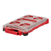 Red and clear plastic low-profile organizer with multiple compartments and latching handles on sides.