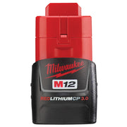 Red and black Milwaukee M12 REDLITHIUM 3.0 compact battery pack with carrying handle and status indicator lights.