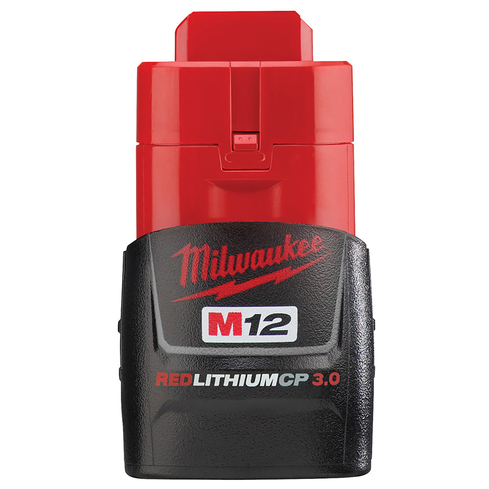 Red and black Milwaukee M12 REDLITHIUM 3.0 compact battery pack with carrying handle and status indicator lights.