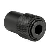 Black metal adapter with textured grip band, square drive on left end and hexagonal socket on right end.