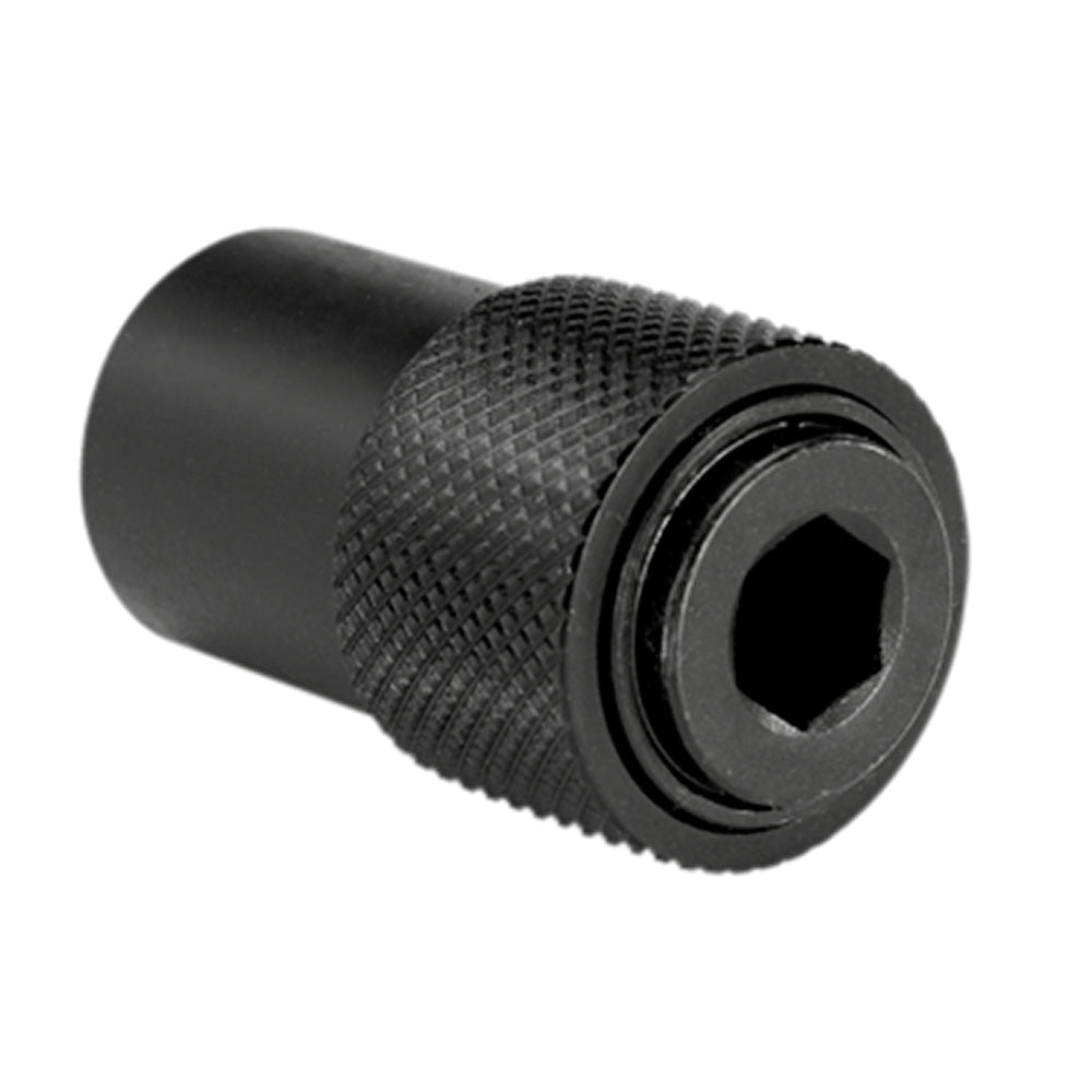 Black metal adapter with textured grip band, square drive on left end and hexagonal socket on right end.