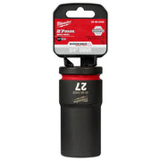 Milwaukee Shockwave 27mm deep socket with 3/4" drive and 6-point design, black with red band and red packaging label.