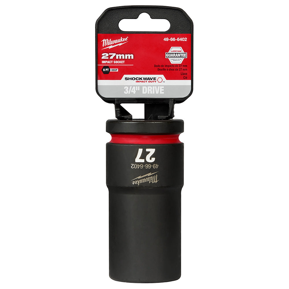 Milwaukee Shockwave 27mm deep socket with 3/4" drive and 6-point design, black with red band and red packaging label.