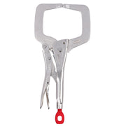 Metal C-clamp with rectangular handle, regular jaws, and red trigger release at bottom.