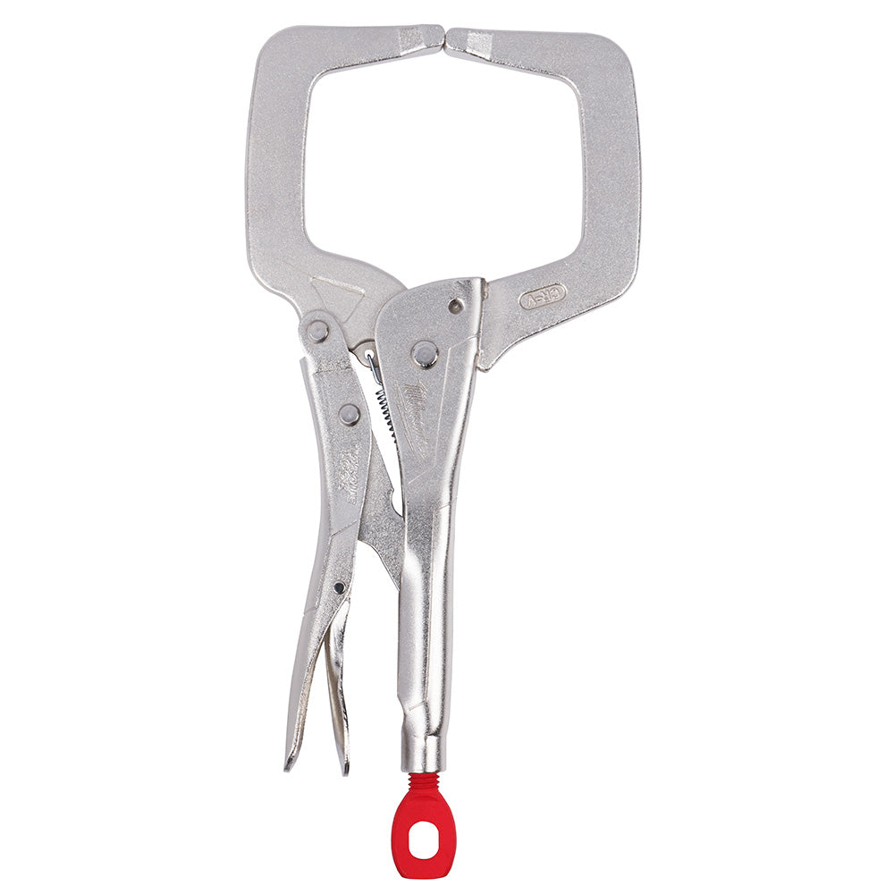 Metal C-clamp with rectangular handle, regular jaws, and red trigger release at bottom.